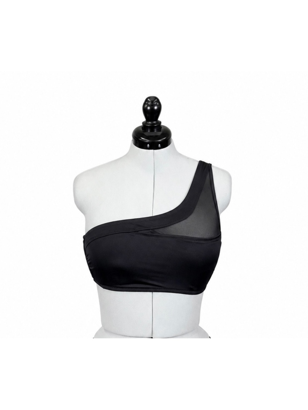Shade & Shore Black One Shoulder Mesh Swim Top with Removable Pads (M)